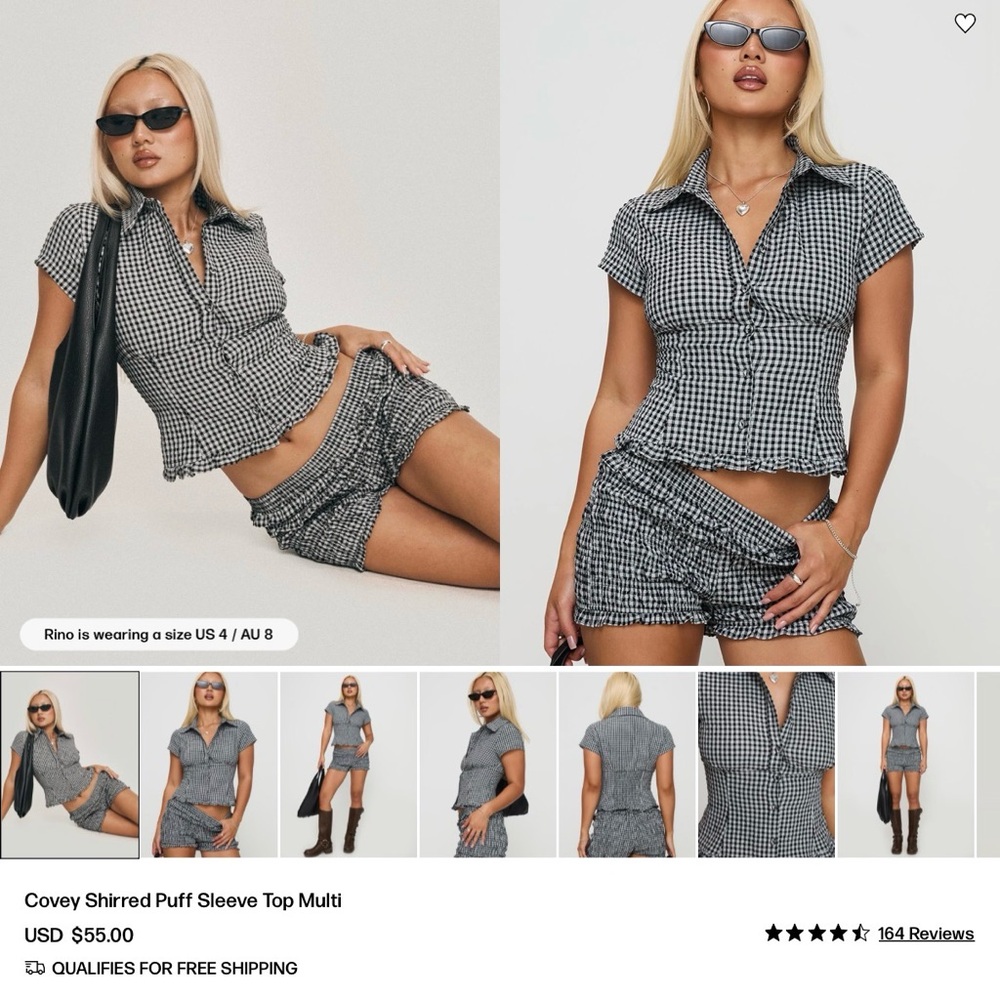 Covey Black and White Gingham Shirred Puff sleeve top
